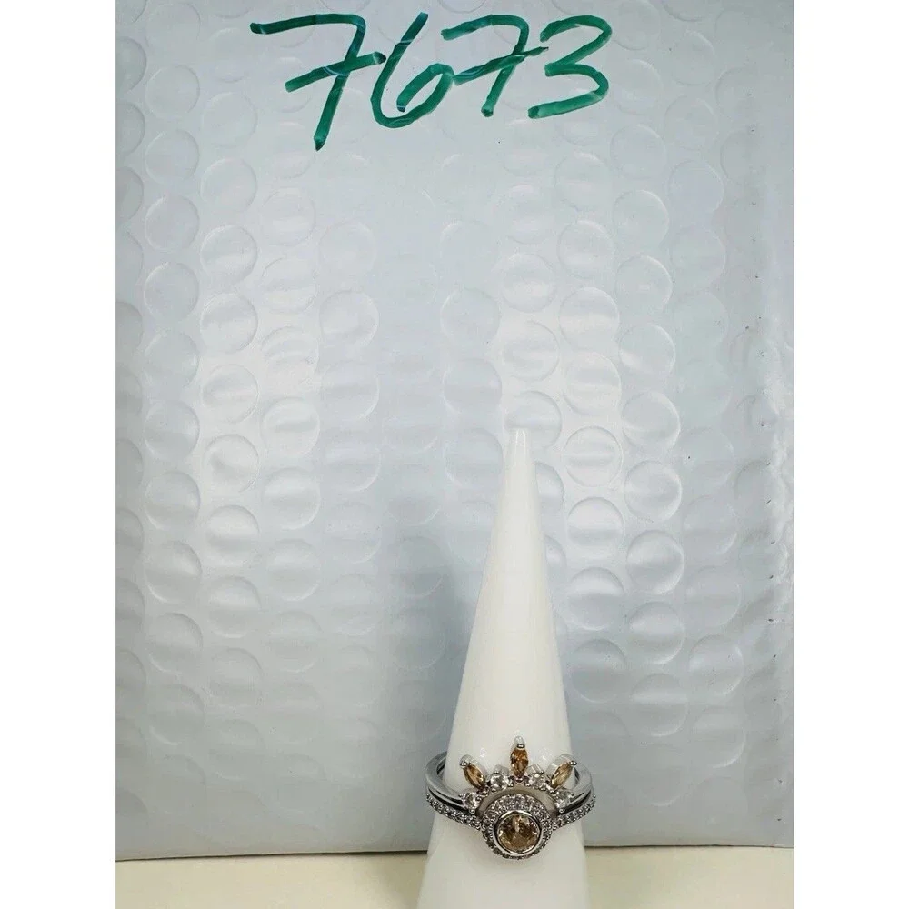 Bomb Party Size 8 Rhodium Plated Champagne Crystal Crown Ring Set